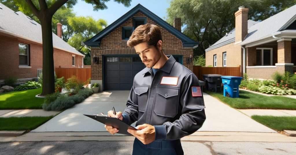 A contractor reviewing garage door repair permit requirements at a Chicago residential property