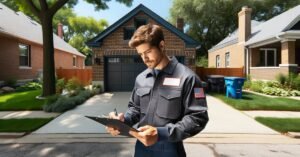 A contractor reviewing garage door repair permit requirements at a Chicago residential property