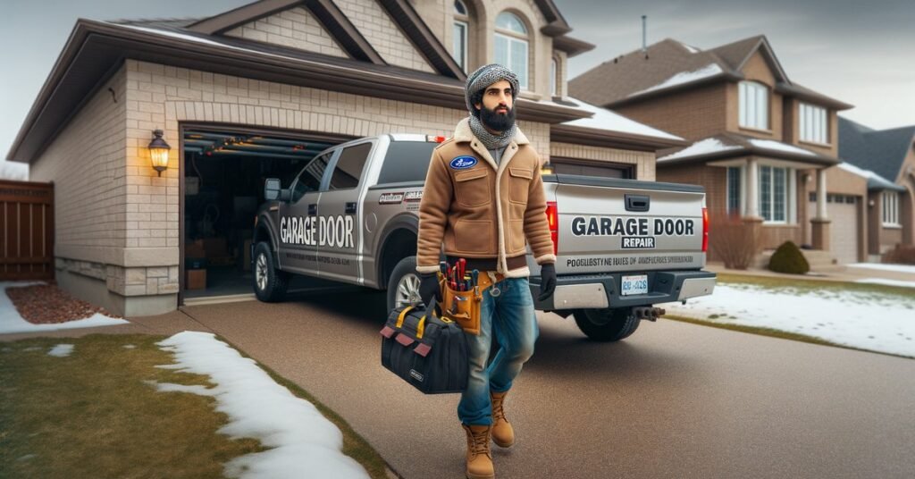 A garage door repair technician arriving at an Arlington Heights home to address an emergency garage door repair response time call