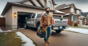 A garage door repair technician arriving at an Arlington Heights home to address an emergency garage door repair response time call