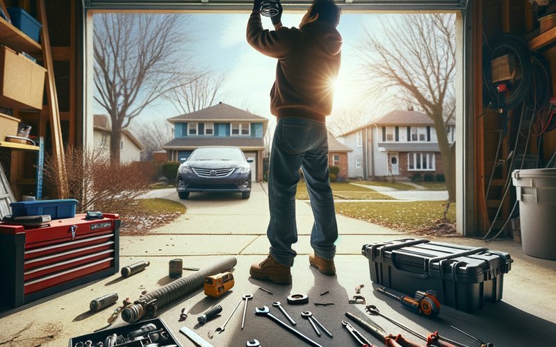 Technician inspecting a broken garage door spring during an emergency garage door repair call in Arlington Heights IL