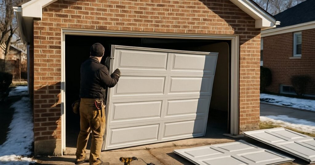 A technician installing a new garage door on a brick Chicago home near Skokie with tools and panels staged on the driveway
