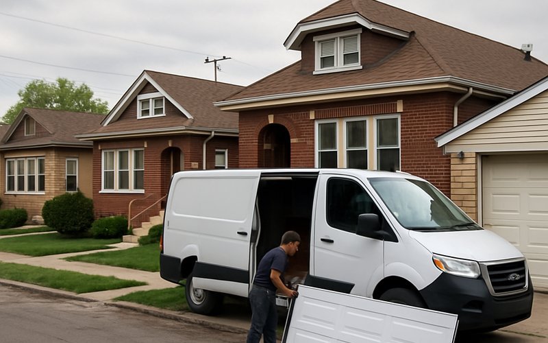 Garage door installation service van unloading a new door on a residential street near Skokie and North Chicago