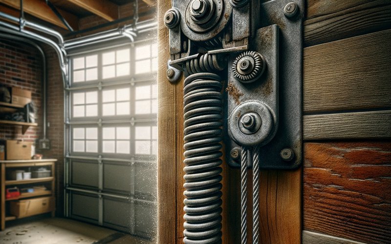 Corroded extension spring and frayed cable on an older Arlington Heights alley garage door typical of Chicago two-flat greystone properties