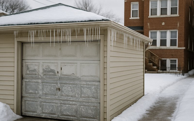 Snow-covered Chicago garage showing conditions that cause garage door spring failures in winter