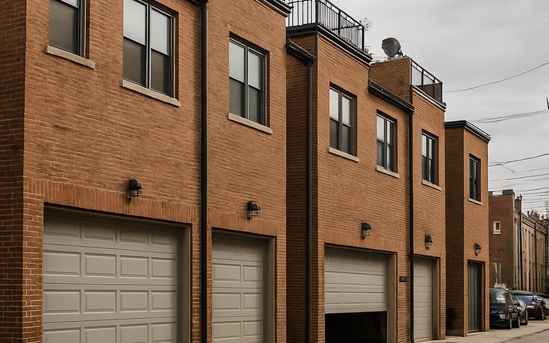 Chicago alley with residential garage doors in neighborhoods like Wicker Park and Bridgeport where spring failures are common