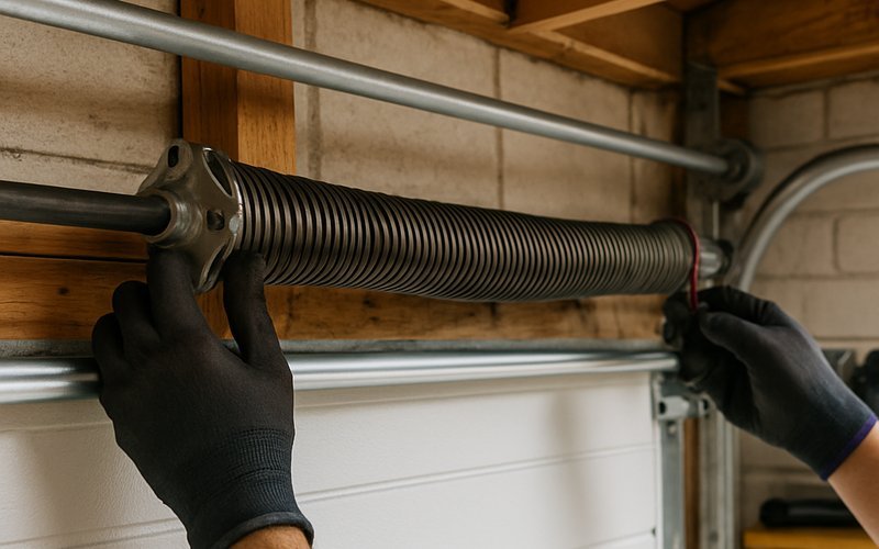 Technician inspecting a broken torsion spring during a garage door spring repair in Chicago