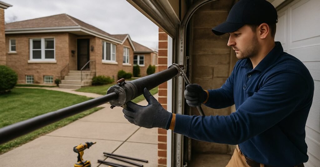 A technician performing garage door spring repair on a brick home in Chicago, IL