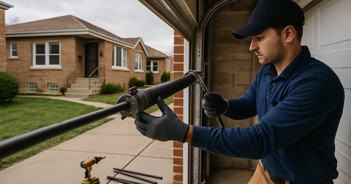 A technician performing garage door spring repair on a brick home in Chicago, IL