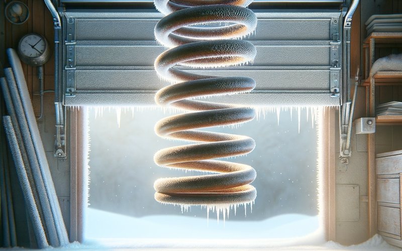 Snapped garage door torsion spring in an Oak Park Illinois garage showing cold weather metal fatigue from Chicago polar vortex conditions