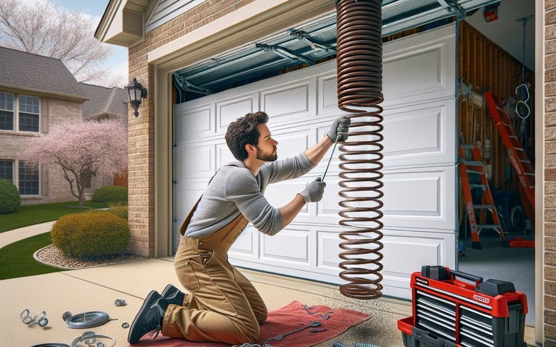 Garage door technician replacing a broken torsion spring during a same day repair visit at a Morton Grove IL home