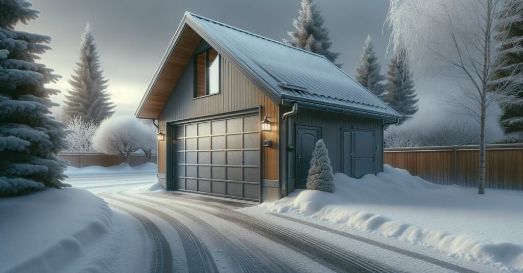 A frost-covered garage door stopped working in cold weather in Vernon Hills IL on a snowy winter morning