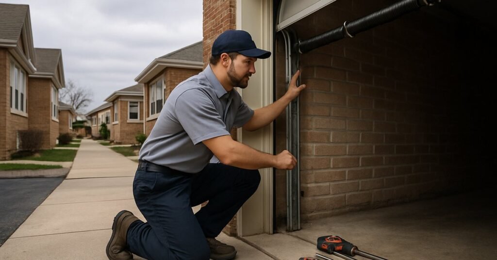 A garage door technician inspecting a spring system on a residential garage in Chicago, IL