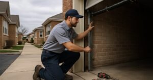 A garage door technician inspecting a spring system on a residential garage in Chicago, IL