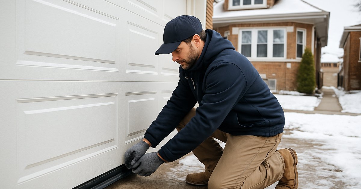 A contractor installing garage door weatherproofing on a Chicago residential home in winter with snow on the driveway