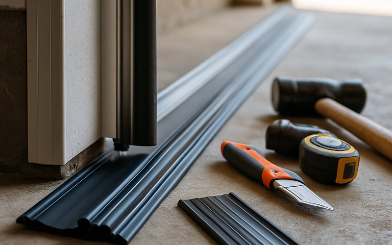 Garage door weatherproofing components including bottom seal, side strips, and threshold seal laid out on a Chicago garage floor before installation