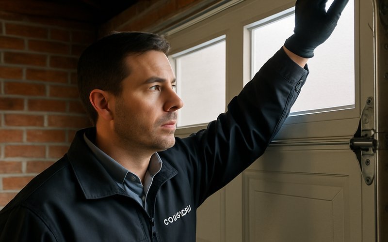 A licensed Chicago garage door contractor inspecting weatherstripping and door seal gaps from inside a residential garage