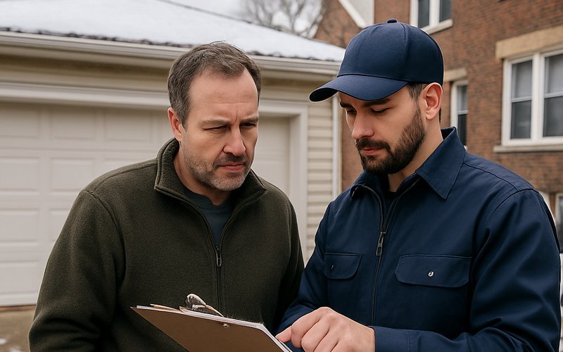 A Chicago homeowner reviewing a garage weatherproofing cost estimate with a contractor outside a detached garage in winter