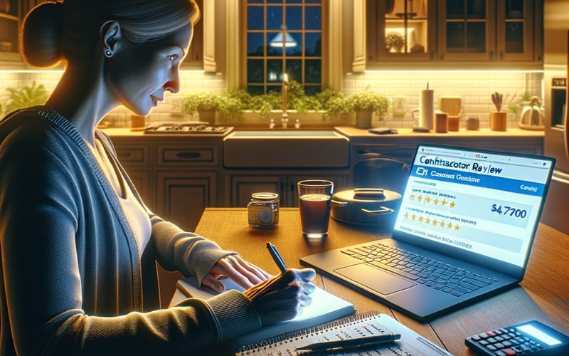 Morton Grove homeowner researching emergency garage door repair quotes online at night before calling a local contractor