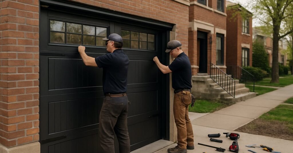 Professional installer mounting a carriage-style garage door on a brick two-flat during a north side Chicago garage door installation