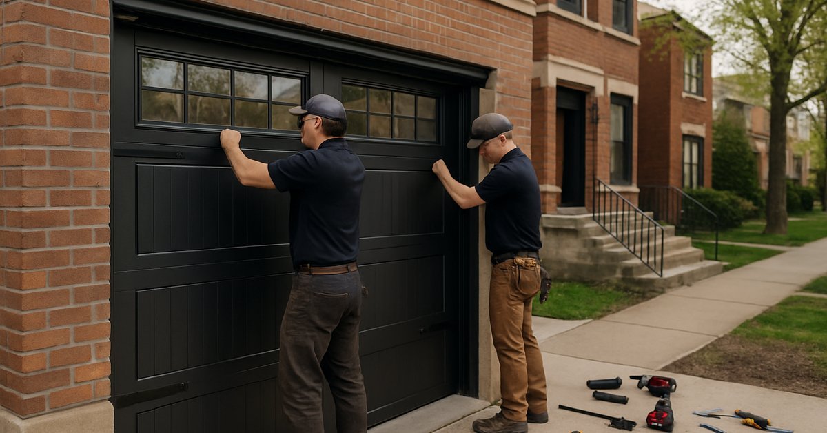 Professional installer mounting a carriage-style garage door on a brick two-flat during a north side Chicago garage door installation