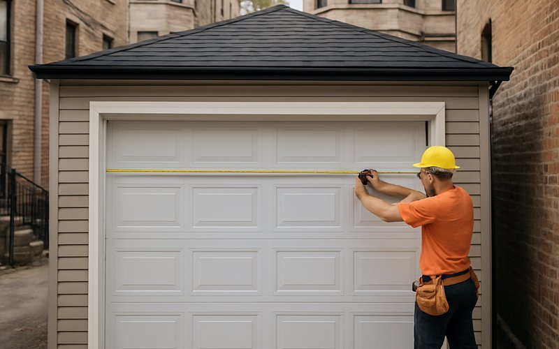 Contractor measuring a tight alley-facing garage opening in a dense north side Chicago neighborhood