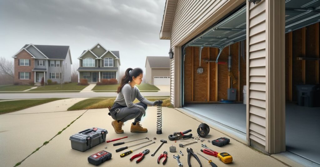 A garage door repair technician inspecting a broken torsion spring during a same day garage door repair call in Morton Grove, IL