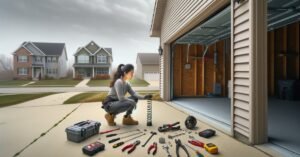 A garage door repair technician inspecting a broken torsion spring during a same day garage door repair call in Morton Grove, IL