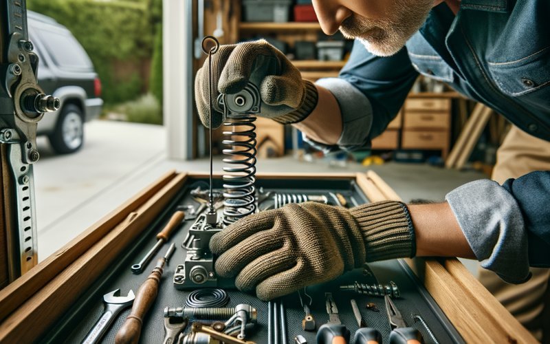 A technician repairing a garage door spring and cable inside a Schaumburg HOA community garage, illustrating typical repair costs.