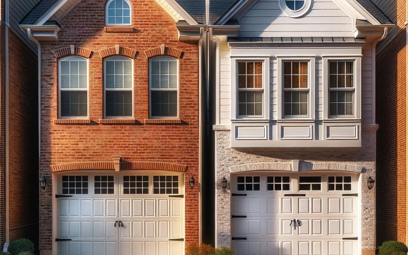 Comparison of an older worn garage door and a new replacement door on Schaumburg HOA townhomes in the Weathersfield and Schaumburg Chase neighborhoods.