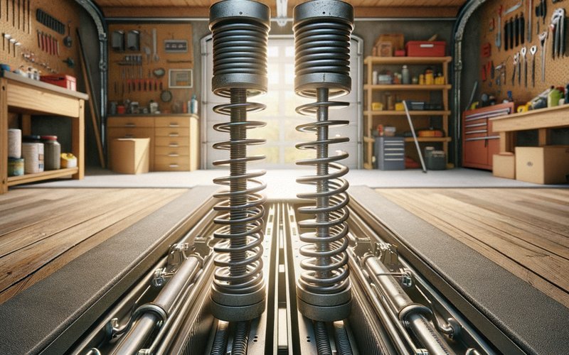 Side-by-side comparison of a torsion spring and extension springs on residential garage doors in Evanston, IL, showing the key differences relevant to a broken garage door spring emergency
