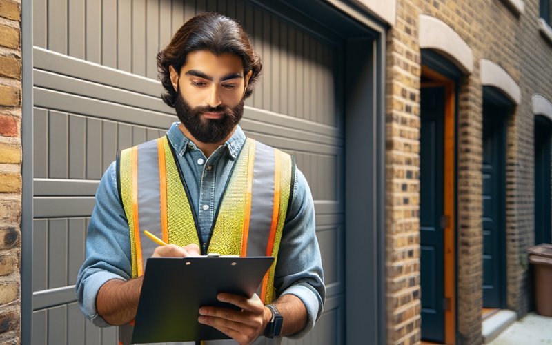 A Chicago building inspector reviewing unpermitted garage door installation work in a residential alley