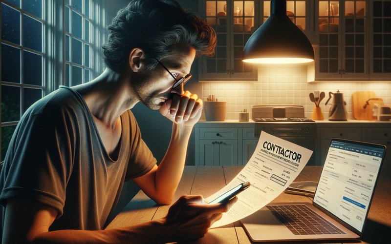 An Evanston homeowner verifying a garage door contractor's credentials online late at night before scheduling an emergency broken spring repair