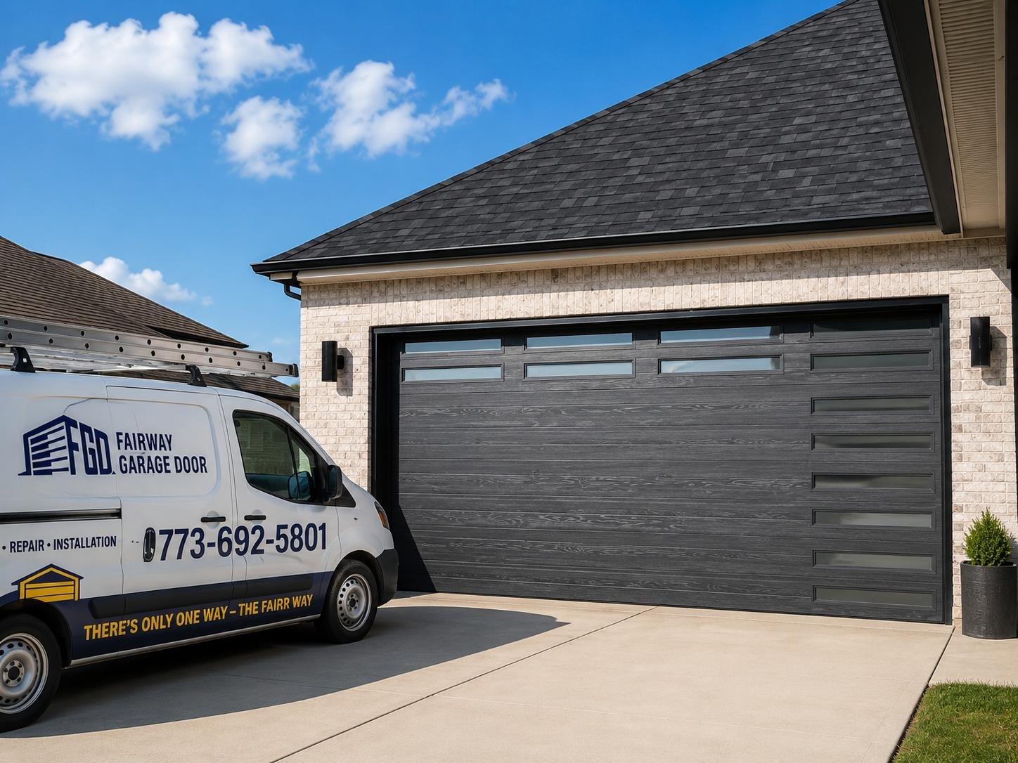 Fairway Garage Door van and technician at a completed residential garage door installation in Chicago