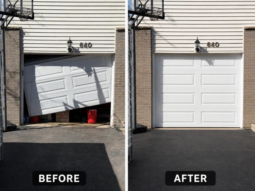 Fairway Garage Door before and after repair — bent off-track residential garage door replaced with a new white door in Chicago