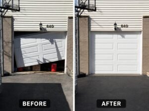 Fairway Garage Door before and after repair — bent off-track residential garage door replaced with a new white door in Chicago