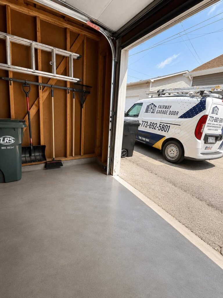 Fairway Garage Door service van arriving at a Chicago home for a winter garage door repair call