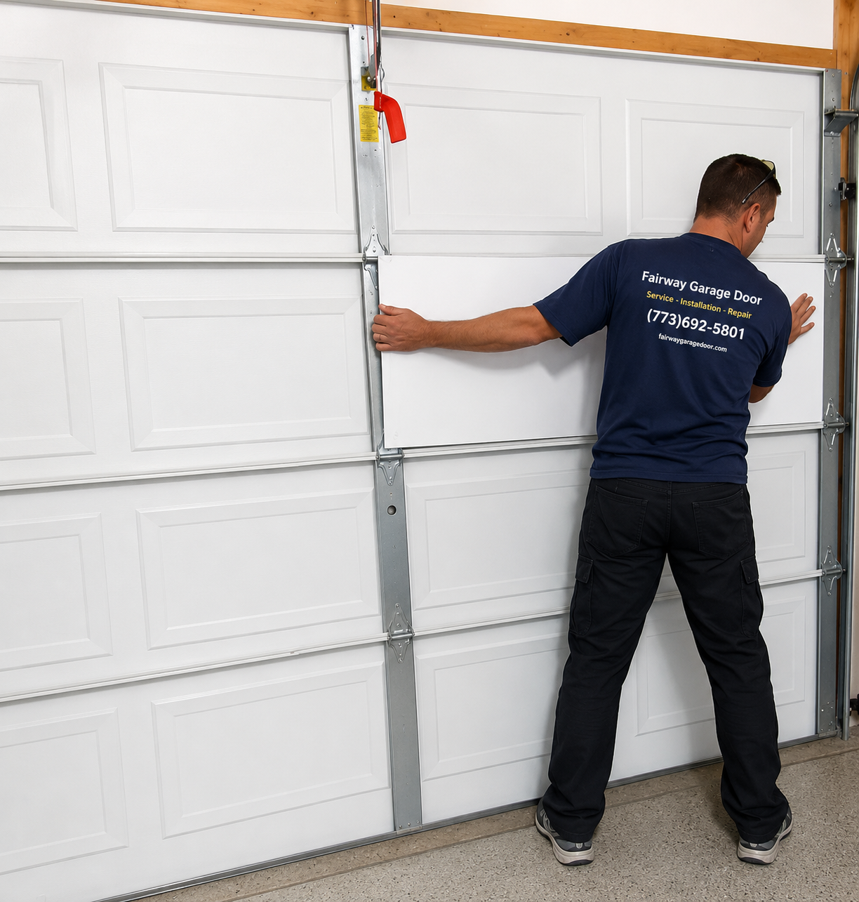 Fairway technician working on garage door panel replacement Chicago