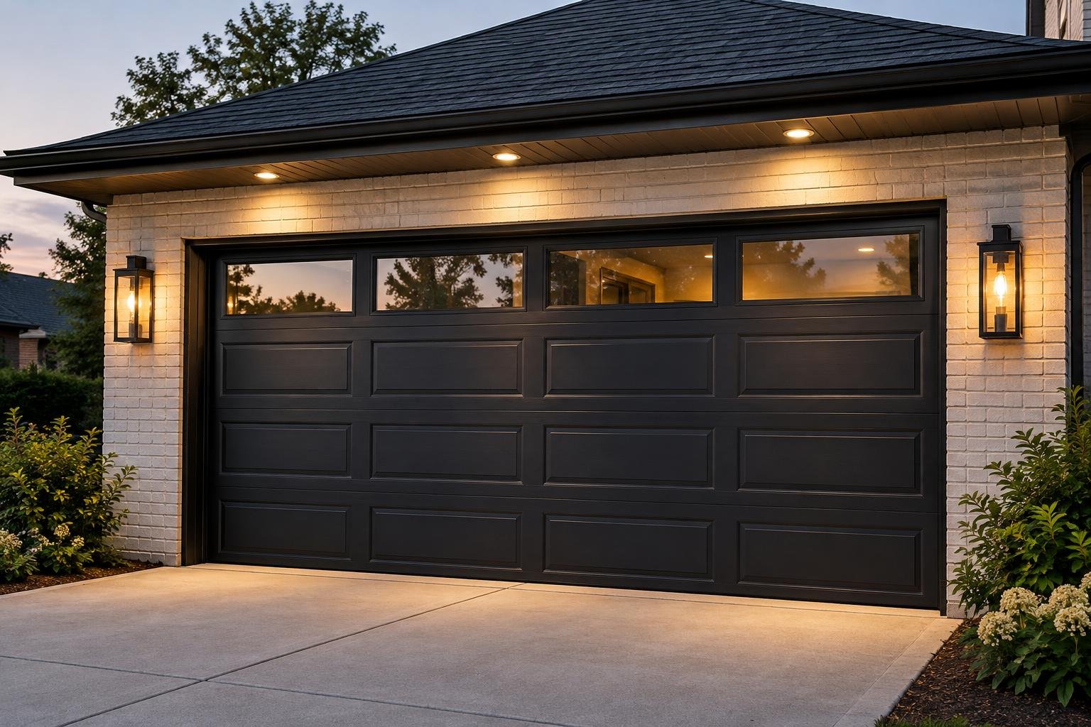 Black garage door with exterior light